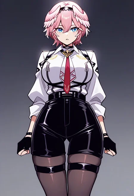 <lora:takane_lui_pony_v01a02_ep08:1> luiFirst, pink hair, short hair, parted hair, double-parted bangs, hair between eyes, black hairband, blue eyes, hair wings, black choker, white shirt, chest harness, breast zipper, red necktie, white ascot, long sleeves, white shirt, black gloves, partially fingerless gloves, thigh strap, high-waist shorts, leather shorts, black shorts, pantyhose, strappy heels, black footwear, wide hips,,,,,,,,,,,,,anime coloring, anime screencap, 1girl,Solo ,, anime,PUFFY nipple,huge breasts,,,official art, Uncensored ,Unedited ,,,,,,,,,,,,,,,,,,,,,,,