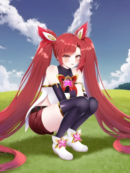 grass, sky, field, star guardian jinx, jinx \(league of legends\), star guardian \(league of legends\), league of legends, red neckwear, highres, 1girl, alternate costume, alternate hair color, alternate hairstyle, bare shoulders, belt, black gloves, black thighhighs, bow, elbow gloves, fingerless gloves, gloves, hair ornament, lipstick, long hair, magical girl, makeup, red bow, red eyes, red hair, red lips, short shorts, shorts, solo, thighhighs, twintails, very long hair, <lora:star_guardian_jinx-000027:1>