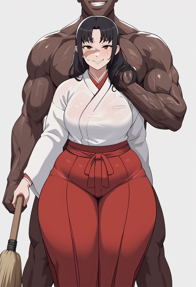 score_9, score_8_up, score_7_up,masterpiece, looking at viewer, 
utahime jjk, brown eyes, black hair, scar on face,  black hair, long hair, japanese clothes, twintails, miko, hakama, red hakama, hakama skirt, kimono,
1girl, chubby, standing, looking at viewer nervous smile, sweat drop, holding broom with two hands, huge ass, tight uniform, wide hips, thick thighs, small breasts under shirt, saggy breasts, 
1boy, Dark-Skinned Male, Taller Male, Muscular, hand on shoulder, faceless male, wide smile,
Bright Day, Cement Walkway, Japanese-Style house