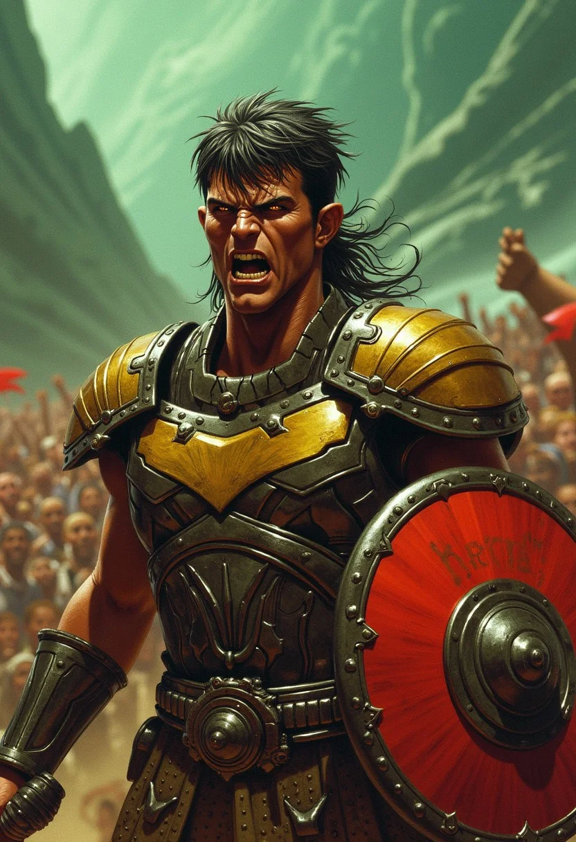 exaggerated, dynamic-pose action, High-quality, saturated backlit well-lit-eyes piercing-eyes, natural-lighting, light reflected in eyes,
BREAK,
The subject is a cosmic Saint Seiya style superhero with sword and shield, hard features, fierce expression, mix of ancient Greek warrior and a scifi power armour, armor clad warrior man, Greek inspired, lean but muscular, clenching teeth in exhaustion, a cheering crowd in the background,
BREAK,
detailed background, great lighting, atmospheric lighting,
the background features a greenish but mostly dead mountainous landscape.