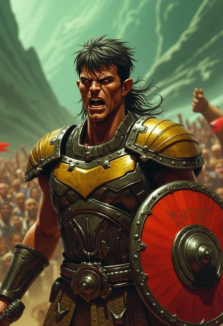exaggerated, dynamic-pose action, High-quality, saturated backlit well-lit-eyes piercing-eyes, natural-lighting, light reflected in eyes,
BREAK,
The subject is a cosmic Saint Seiya style superhero with sword and shield, hard features, fierce expression, mix of ancient Greek warrior and a scifi power armour, armor clad warrior man, Greek inspired, lean but muscular, clenching teeth in exhaustion, a cheering crowd in the background,
BREAK,
detailed background, great lighting, atmospheric lighting,
the background features a greenish but mostly dead mountainous landscape.
