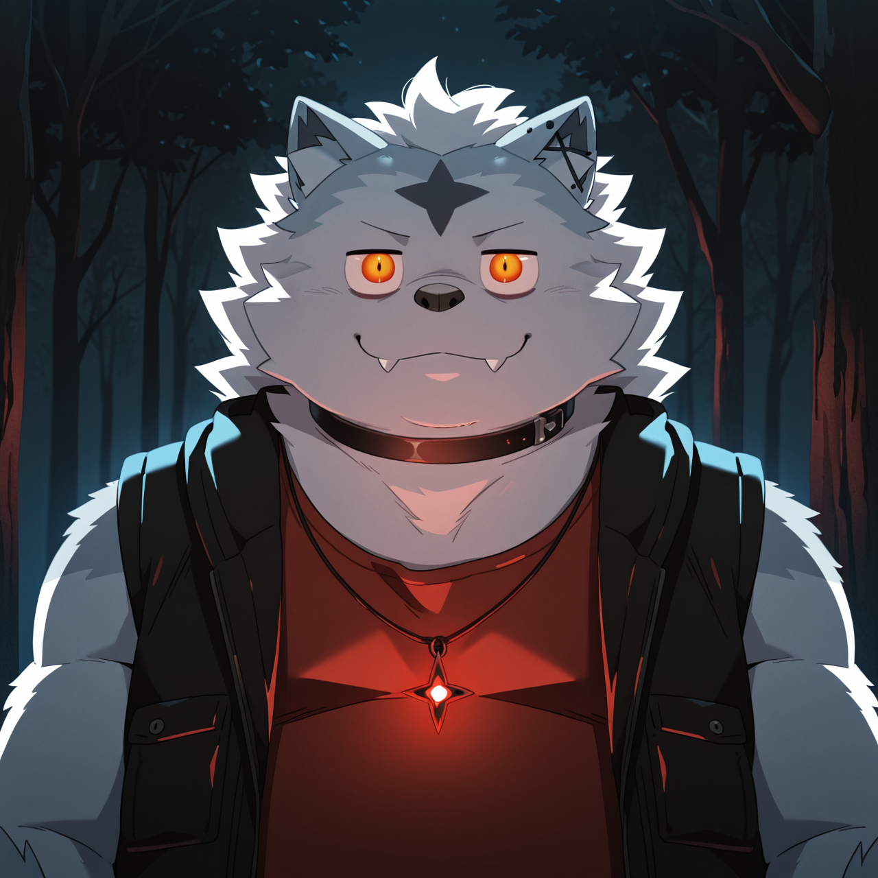 collar, valkianiki, 1boy, solo, furry, upper body, straight-on, looking at viewer, closed mouth, smile, fangs out, sleeveless jacket, red tank top, glowing, tree, dark theme, night, pendant