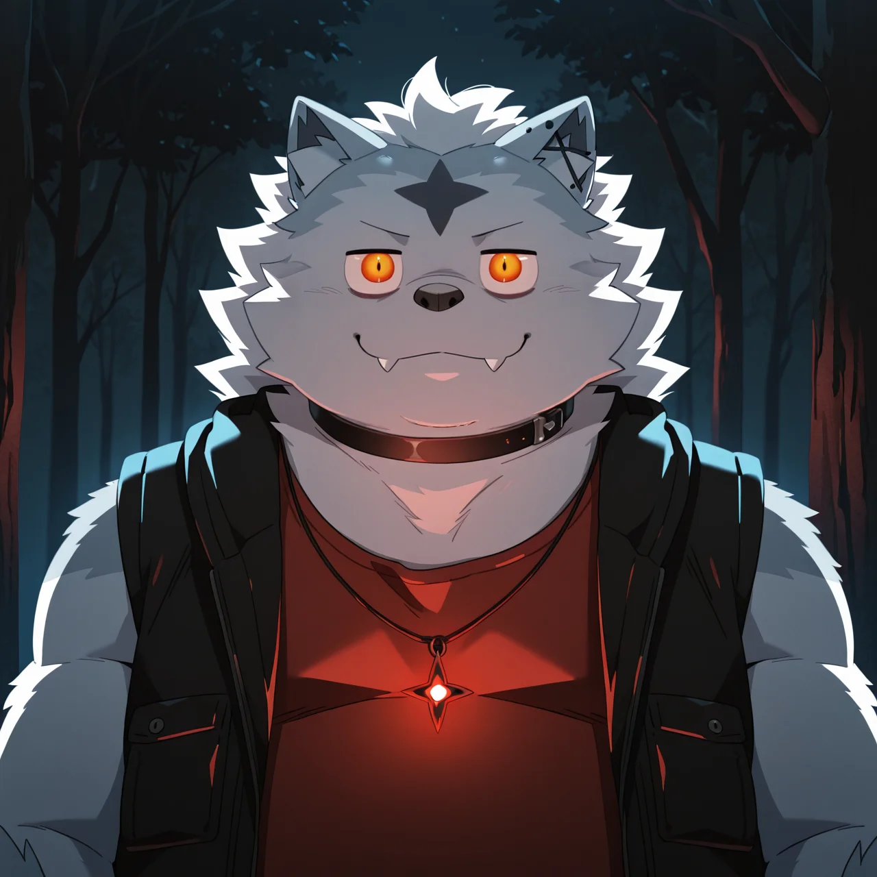 collar, valkianiki, 1boy, solo, furry, upper body, straight-on, looking at viewer, closed mouth, smile, fangs out, sleeveless jacket, red tank top, glowing, tree, dark theme, night, pendant