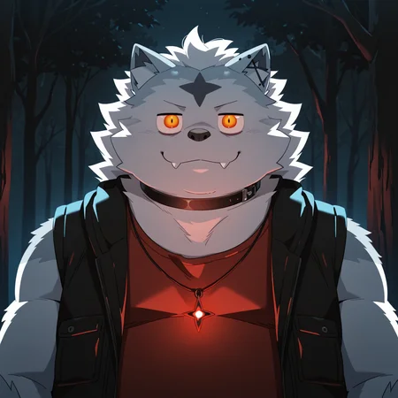 collar, valkianiki, 1boy, solo, furry, upper body, straight-on, looking at viewer, closed mouth, smile, fangs out, sleeveless jacket, red tank top, glowing, tree, dark theme, night, pendant
