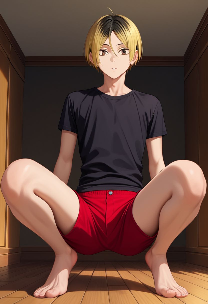 score_9, score_8_up, score_7_up, (1boy, solo), male focus, (slim), kenma, blonde hair, multicolored hair, two-tone hair, black hair, brown eyes, bangs, clavicles, black shirt, red shorts, short shorts, crouching, expressiveh, derpibooru_p_95, detailed eyes, Dutch angle, looking down at viewer, rating_explicit, yaoi, sexually suggestive, intricate detail, masterpiece, best quality, best aesthetic, short height, petite, otoko no ko, source_anime, bare legs, thick thighs, wooden floor, from below,