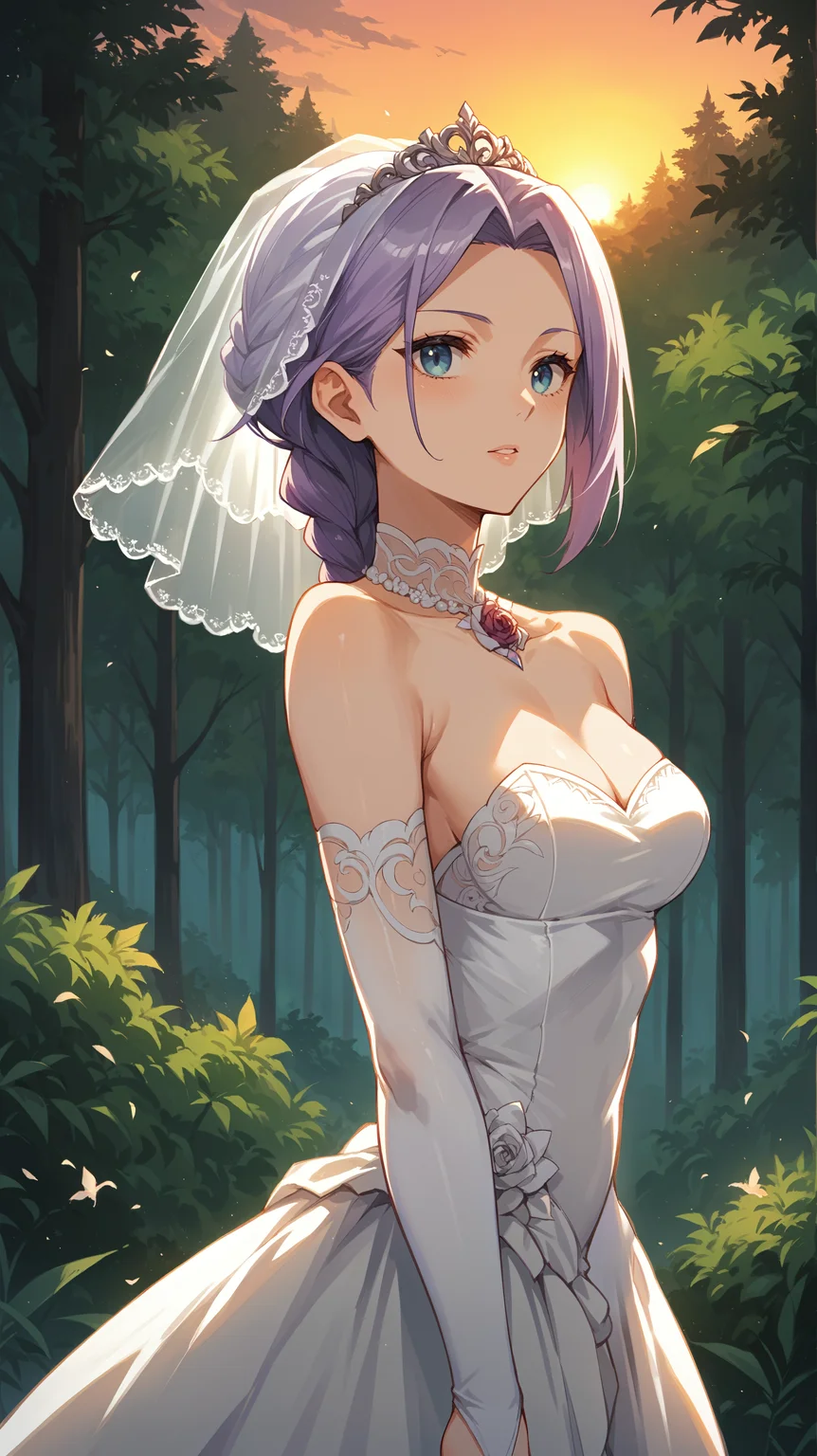 score_9,score_8_up,score_7_up,score_6_up, <lora:xl_more_art-full_v1:0.5>, source_anime, girl, dynamic pose, legs over head, <lora:Laura Latour - Pony-000004:0.9>, purple hair, braid, parted hair, blue eyes, bridal veil, bridal gauntlets, white dress, wedding dress, forest, sunset, upper body, braid in front,