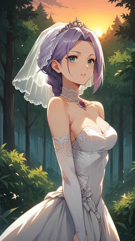 score_9,score_8_up,score_7_up,score_6_up, <lora:xl_more_art-full_v1:0.5>, source_anime, girl, dynamic pose, legs over head, <lora:Laura Latour - Pony-000004:0.9>, purple hair, braid, parted hair, blue eyes, bridal veil, bridal gauntlets, white dress, wedding dress, forest, sunset, upper body, braid in front,