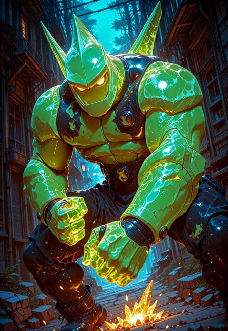 1man, solo,  [(((diamondhead, robot, yellow eyes, armor, spikes, yellow sclera, green skin)))], angry, BREAK, ((crystal detailed)),  ((blowing eye)), BREAK, ((dynamic action poses, from narrow, dynamic angle, dynamic close up view)), BREAK, (muscular body, big body), crystal fingers, ((left hand in fist)), stand pose,  BREAK,  cartoon,
HDR, 8k, high contrast, masterpiece, best quality, amazing quality, very aesthetic, high resolution, ultra-detailed, absurdres, perfect lighting, volumetric lighting, dramatic shadows, cinematic lighting, (sharp image), safe, scenery, (perfect anatomy, perfect hand anatomy, perfect face anatomy, perfect eye anatomy, perfect mouth anatomy), perfect lighting, (sharp image), perfect anatomy, Focus face, (sharp focus),  ILXLpos, 
dynamic pose, SmoothNegative_Hands, G0thicL1nes