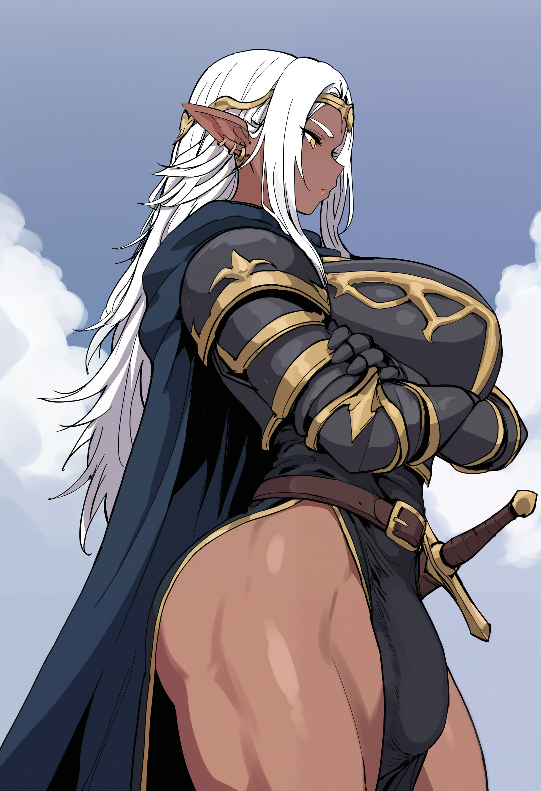 
1girl,dark elf,long hair,parted bangs,  armor,cape,sheathed sword ,standing,cloudy sky, futanari, bulge,side slit,belt buckle, from side, breastplate, muscular thighs,dark-skinned female, gold trim, earrings,tiara,  crossed arms, thick eyebrows, 
very awa, masterpiece, best quality, highres, absurdres, newest,
