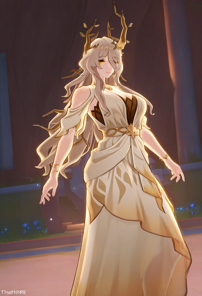 CercesHSR, 1girl, solo, long hair, light brown hair, bangs, hair ornament, closed eyes, makeup, lips, eyeshadow, branches in hair, hair between eyes, large breast, cleavage, white dress, sash, bracelet, wide hips, long dress, frills, dress ornament, jewelry, bare foot, shoulder cutout,
seductive pose, sexy pose, tease, 
masterpiece, best quality, ultra-detailed, very aesthetic, detailed background, very aesthetic, newest, scenery, highres, 4k, absurdres, 8k, colorful,vibrant, glowing, perfect face, 2d, perfect eyes, detailed eyes, 
 masterpiece, best quality, ultra-detailed, very aesthetic, newest, scenery, absurdres, perfect anatomy, , perfect face, perfect eyes, mature body, clear eyes, beautiful eyes, athletic, curvy body, athletic girl, perky tits, perfect tits, round breasts, nipple outline, pinup pose, teasing, lustful expression,
muscular female,  expressive cute face, puffy lips, biceps, dutch angle,
Smooth Negative, uncensored,