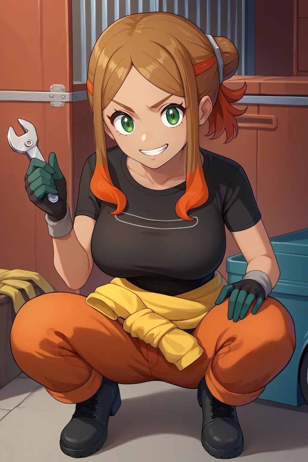 score_9, score_8_up, score_7_up, score_6_up, source_anime, 1girl, solo <lora:pkmnorla-pdxl-nvwls-v1-000005:1> orla, brown hair, orange hair, multicolored hair, single hair bun, parted bangs, green eyes, tan, black t-shirt, clothes around waist, orange pants, black and green gloves, big breasts, black boots, crouching, holding wrench, smirk, grin, looking at you, garage