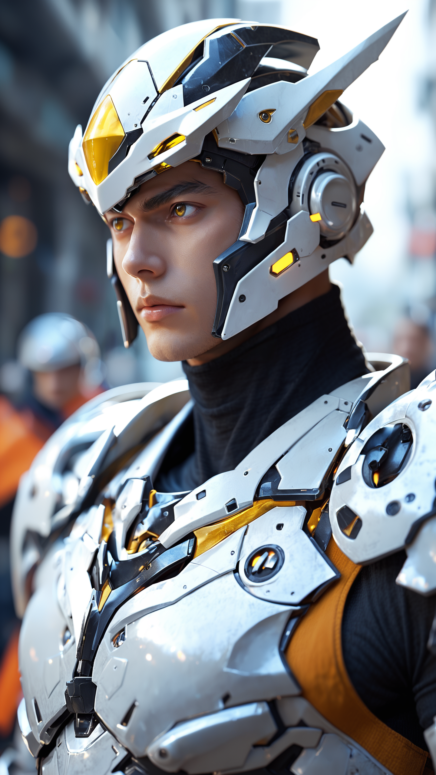 score_9, score_8_up, score_7_up, solo, 1boy, yellow eyes, upper body, male focus, armor, blurry, blurry background, helmet, science fiction, looking ahead, power armor, tokusatsu