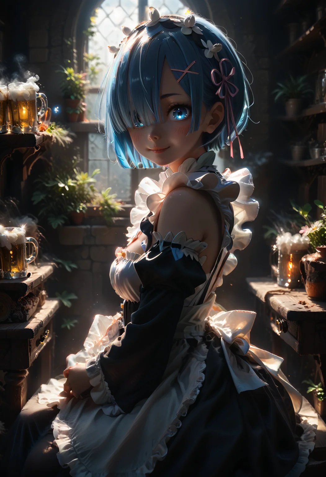 score_9, score_8_up, score_7_up, masterpiece, best quality,
1girl, solo, looking at viewer,
rem, medium length sky blue hair that covers her right eye, large light blue eyes, has hair clips towards the left side of her hair, a flower-shaped ribbon on the same side of her hair,
a maid hairband, ribbon colouring, wears a maid uniform, large breasts, black pantyhose, high heels, black footwear,
sitting on a chair, at a table, smiling, mouth closed, blushing,
indoor, cozy cottage \(place\), cup, tableware, beer, wine, shelf, table, chair, fireplace, windows,
clutter, background, detailed background, elaborate, rich, dynamic, immersive, intricate,
laser light clothes,
cowboy shot, from the side,
<lora:zy_Detailed_Backgrounds_v1:1> <lora:DetailedEyes_V3:1> <lora:laser_light_clothes_v0.5-pony:1> <lora:dark:1> <lora:xl_more_art-full_v1:1> <lora:Rem:0.7>