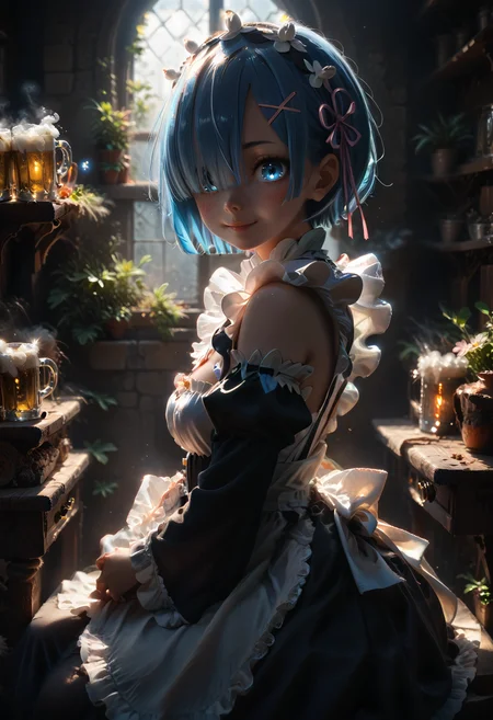 score_9, score_8_up, score_7_up, masterpiece, best quality,
1girl, solo, looking at viewer,
rem, medium length sky blue hair that covers her right eye, large light blue eyes, has hair clips towards the left side of her hair, a flower-shaped ribbon on the same side of her hair,
a maid hairband, ribbon colouring, wears a maid uniform, large breasts, black pantyhose, high heels, black footwear,
sitting on a chair, at a table, smiling, mouth closed, blushing,
indoor, cozy cottage \(place\), cup, tableware, beer, wine, shelf, table, chair, fireplace, windows,
clutter, background, detailed background, elaborate, rich, dynamic, immersive, intricate,
laser light clothes,
cowboy shot, from the side,
<lora:zy_Detailed_Backgrounds_v1:1> <lora:DetailedEyes_V3:1> <lora:laser_light_clothes_v0.5-pony:1> <lora:dark:1> <lora:xl_more_art-full_v1:1> <lora:Rem:0.7>