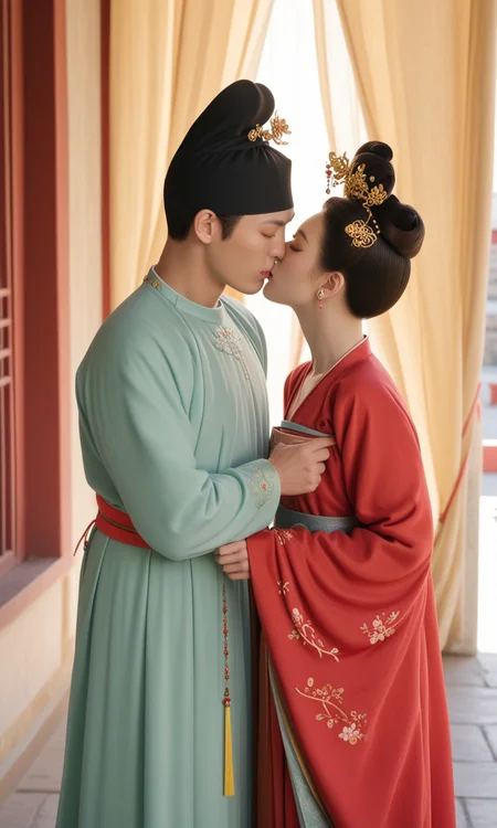 Top photography works, masterpiece, best quality, newest, absurdres, highres,
(1boy/gsfh, kiss, chinese clothes, black hair, hair bun, flower, hair ornament, jewelry, closed eyes, long sleeves, single hair bun, earrings, 1girl, hanfu, bracelet, 1boy, hetero, architecture, couple, hanfu, lyz and lc, lyz, lc, princess, Round-collar robe, bed, curtain, lyz at left, lc at right), close-up,
masterpiece, best quality, amazing quality, very aesthetic, absurdres, newest, haute couture,
light from one side, dark shadow,