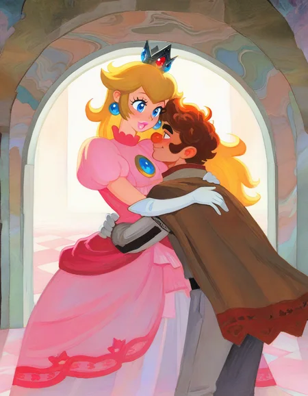 nazaruk, masterpiece, best quality, absurdres, highres, 1boy, super-mario, 1girl, princess-peach, hug, love, toon, from-side