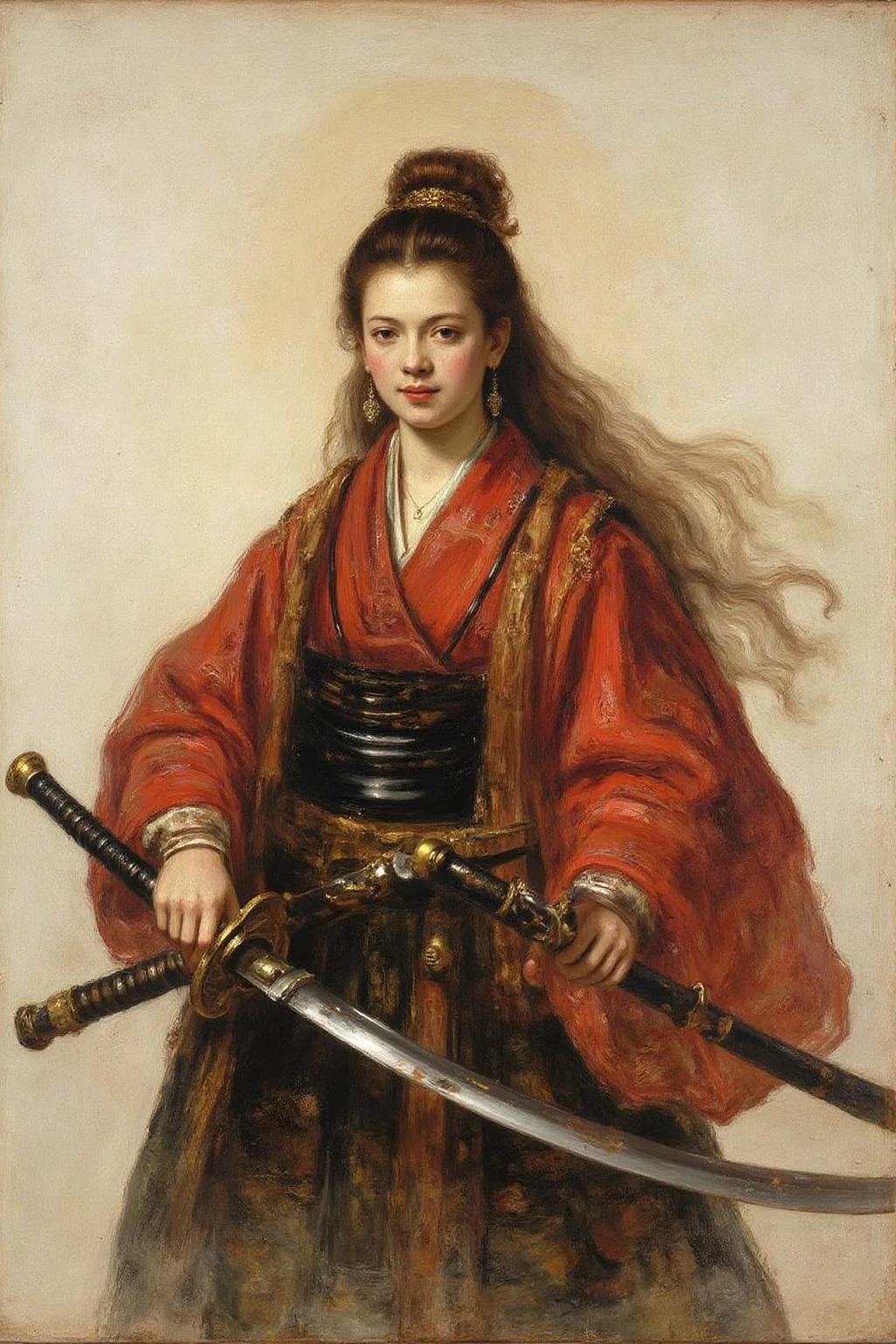 rembr2 oil painting
of a female Japanese samurai warrior wielding a katana, blending form with reality. Glitching the surreal with blurred dreams on a white background. Woven light fuses delicatly with whispering shimmers creating a eyecatching and masterpiece artwork. drifting fog, cracked light and smokey haze in floating threads finishes the dreamlike reality. <lora:rembr_paint1_semicap_d6a3:1.0><lora:812152833915964109:0>