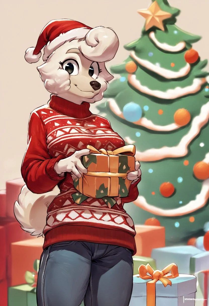 score_9, score_8_up, score_7_up, score_6_up, source_furry, christmas theme sweater, pants, santa hat, christmas tree, christmas theme, presents, solo, 1girl, wendy_bluey