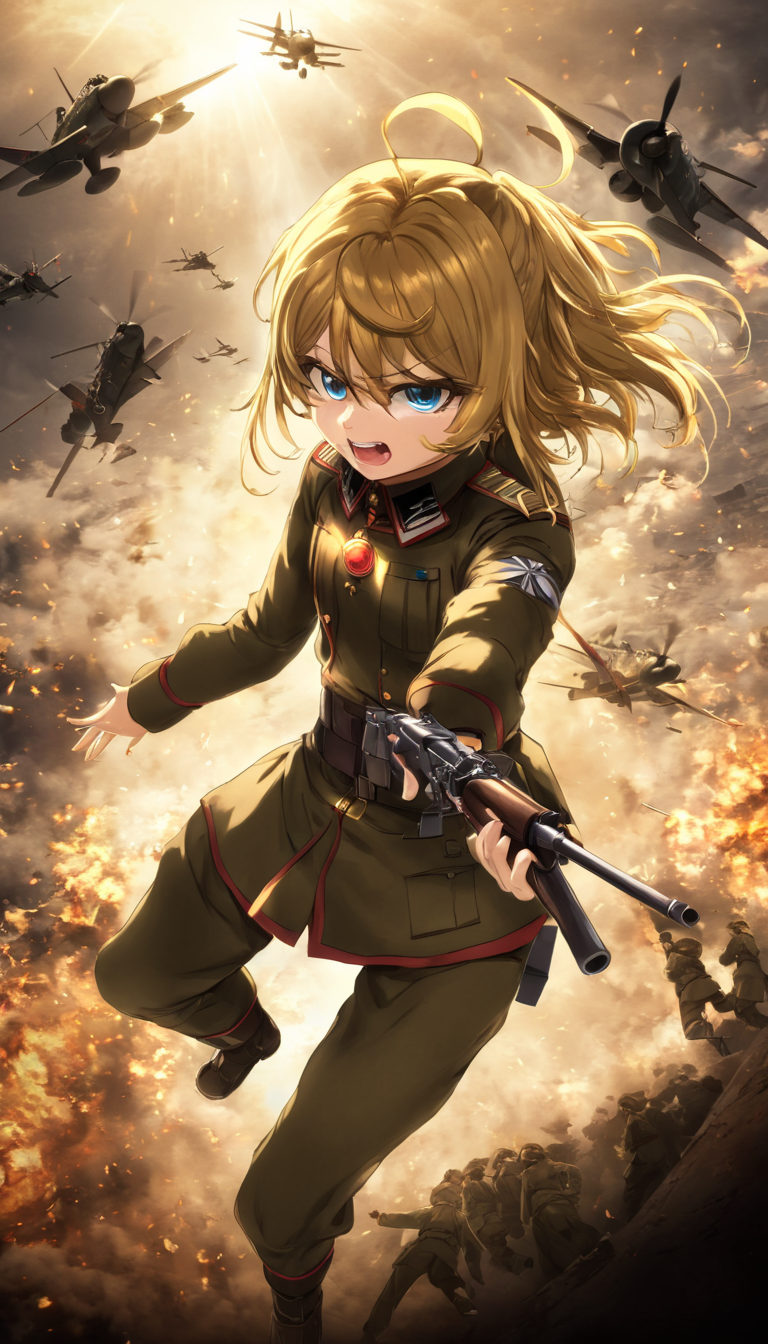 breathtaking Cinematic scene, hero view, Tanya Degurechaff, Youjo Senki <lora:tanya_degurechaff_xl_v6:1>, action pose, detailed background, masterpiece, best quality, high quality, highres, absurdres  . award-winning, professional, highly detailed