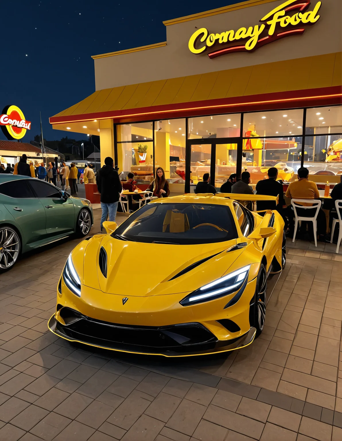 ethereal fantasy concept art of  <lora:Zoom_Cars:1>,Cornelisz Hendriksz Vroom,, a yellow sports car parked in front of a fast food restaurant at night with people sitting in the background [20], . magnificent, celestial, ethereal, painterly, epic, majestic, magical, fantasy art, cover art, dreamy