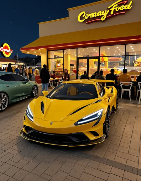 ethereal fantasy concept art of  <lora:Zoom_Cars:1>,Cornelisz Hendriksz Vroom,, a yellow sports car parked in front of a fast food restaurant at night with people sitting in the background [20], . magnificent, celestial, ethereal, painterly, epic, majestic, magical, fantasy art, cover art, dreamy