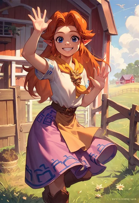 score_9, score_8_up, score_7_up, score_6_up, malon,1girl,solo,white shirt,short sleeves,boots,belt,purple skirt,long skirt,brown belt,yellow neckerchief, excited, smile, waving at viewer, farm, horse pen