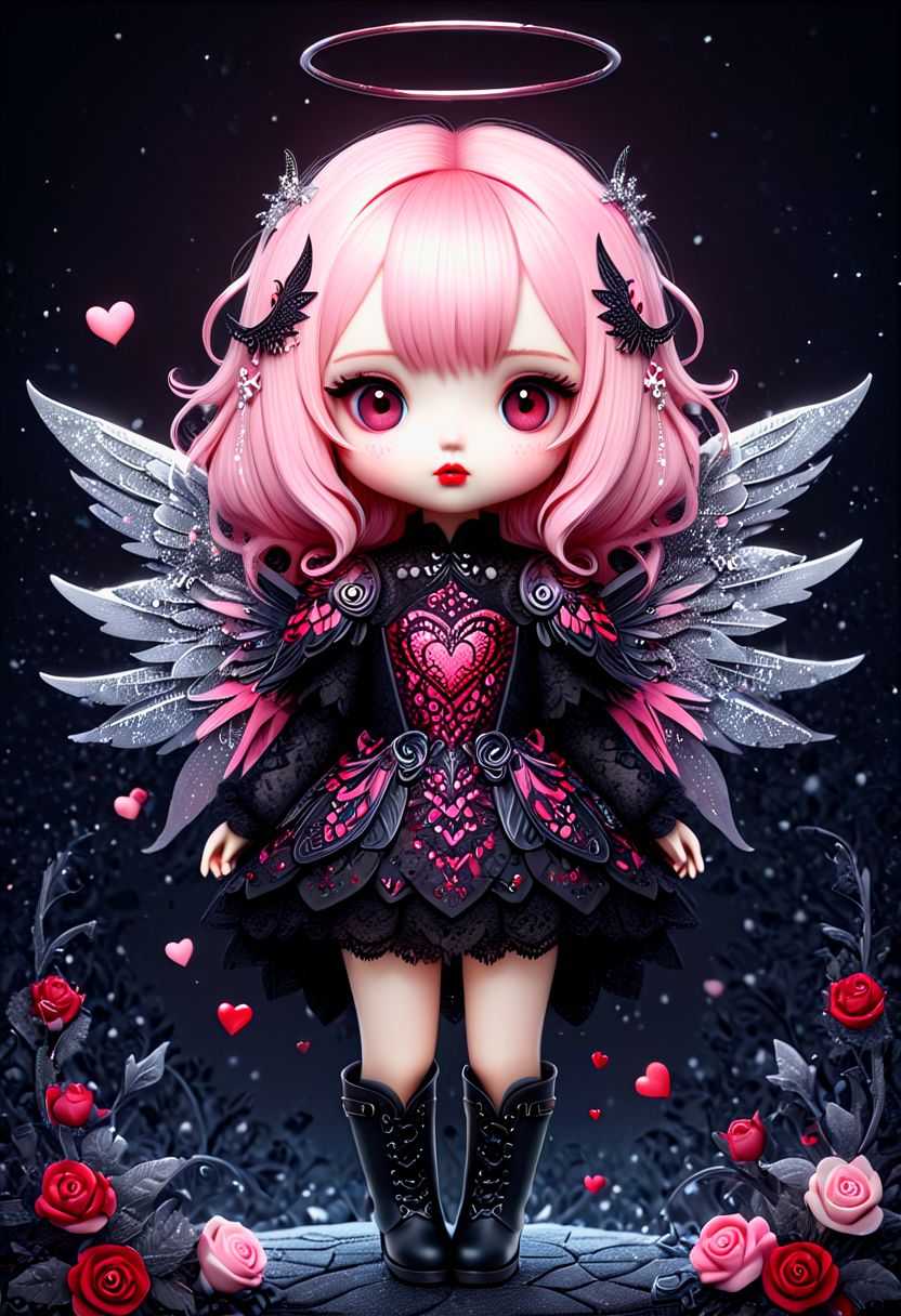 beautiful hyper detailed whimsical 35 k ultra realistic hyper detailed beautiful dark chibi fairy, hyper detailed perfecteyes, shadow woman red lips graphic, dark intricate wings on back, black lace dress, black boots, in the style of Charlie Bowater, nicoletta ceccoli , dark  Whimsical, Detailed Fantasy, black lace Background pattern with tiny  3d red and pink hearts, Glitter, White Thorns, Muted Colors, Explosion, Intricate Extremely Detailed, Hyperdetailed, style of monica lee, Hgonzag, Camilla d'Errico Diego Gisbert,Winter wonder land art art, Masterpiece, trending on artstation, featured on pixiv, cinematic composition, 8K