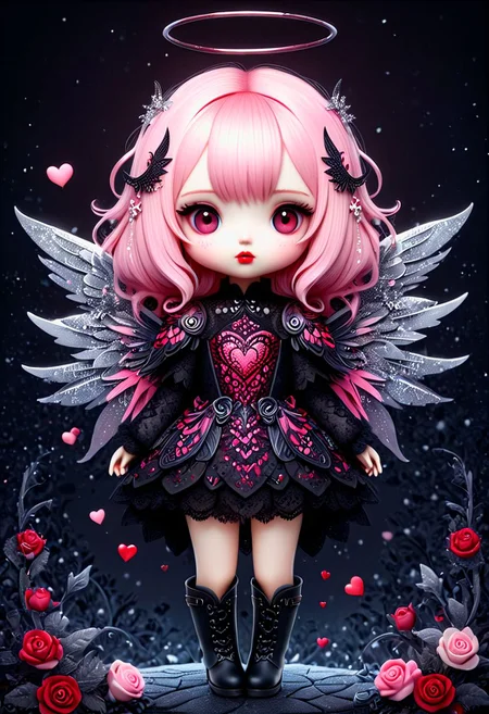 beautiful hyper detailed whimsical 35 k ultra realistic hyper detailed beautiful dark chibi fairy, hyper detailed perfecteyes, shadow woman red lips graphic, dark intricate wings on back, black lace dress, black boots, in the style of Charlie Bowater, nicoletta ceccoli , dark Whimsical, Detailed Fantasy, black lace Background pattern with tiny 3d red and pink hearts, Glitter, White Thorns, Muted Colors, Explosion, Intricate Extremely Detailed, Hyperdetailed, style of monica lee, Hgonzag, Camilla d'Errico Diego Gisbert,Winter wonder land art art, Masterpiece, trending on artstation, featured on pixiv, cinematic composition, 8K