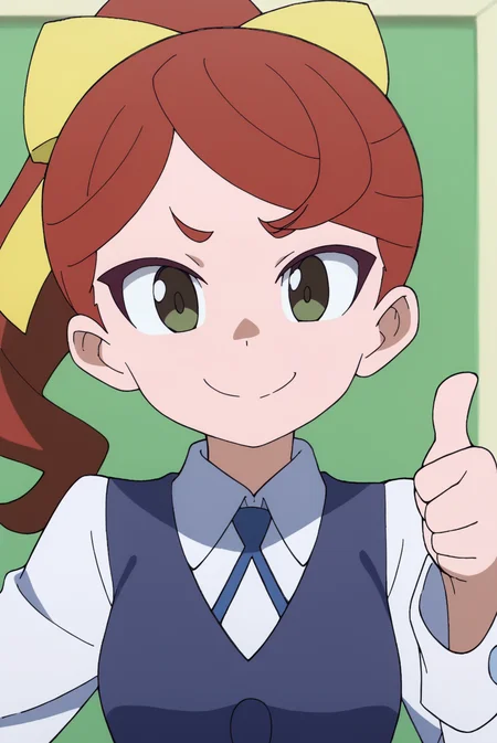 smiling, thumbs up to viewer, friendly, helpful, cheerful expression,  Hannah England, solo <lora:Little_Witch_Academia-Hannah_England-PDXL:0.8>