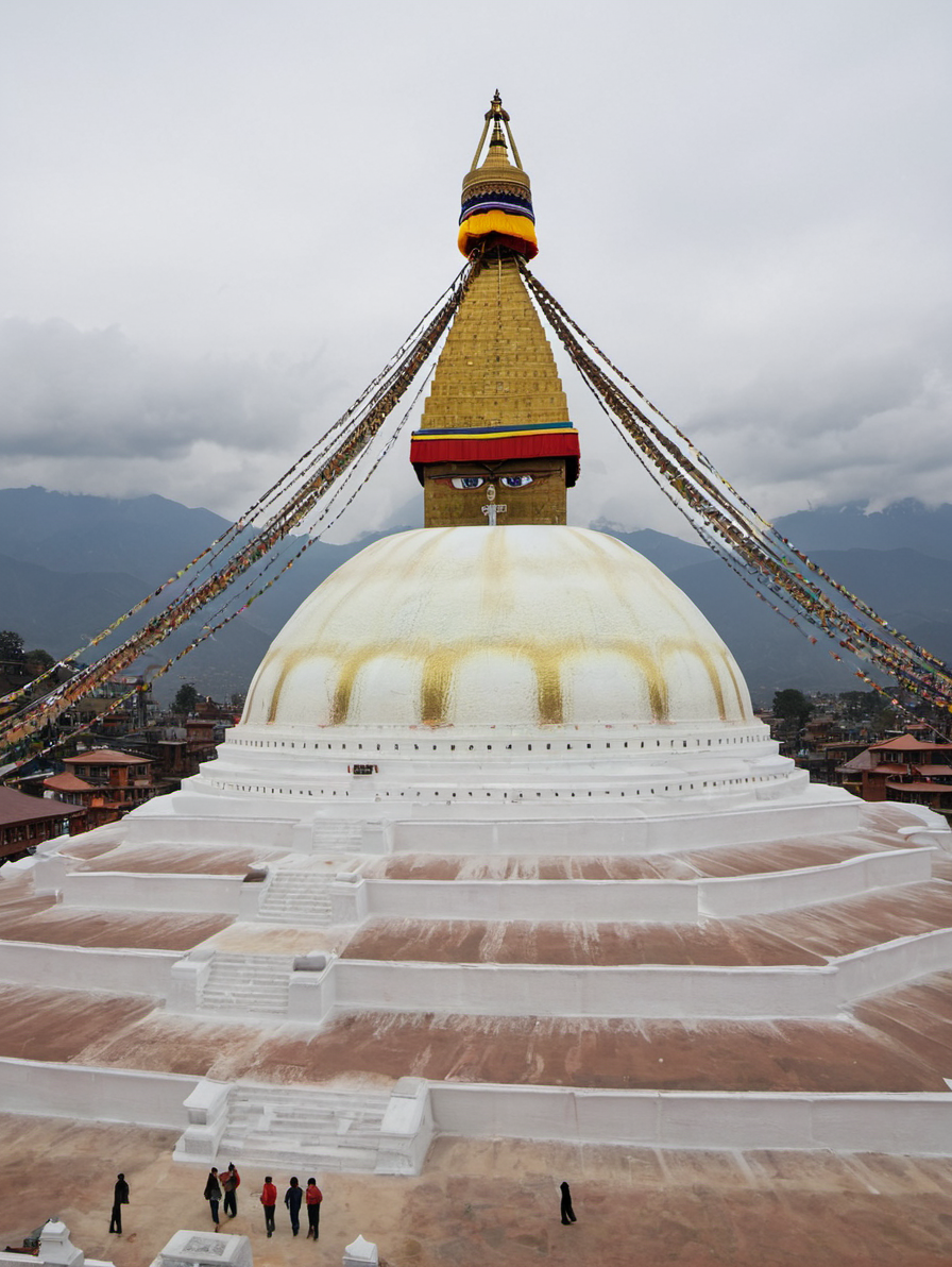 <lora:Boudhanath_Stupa:0.6> boudhanathstupa,build on the top of a mountain,  drone photo