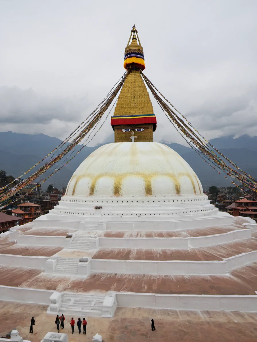 <lora:Boudhanath_Stupa:0.6> boudhanathstupa,build on the top of a mountain, drone photo