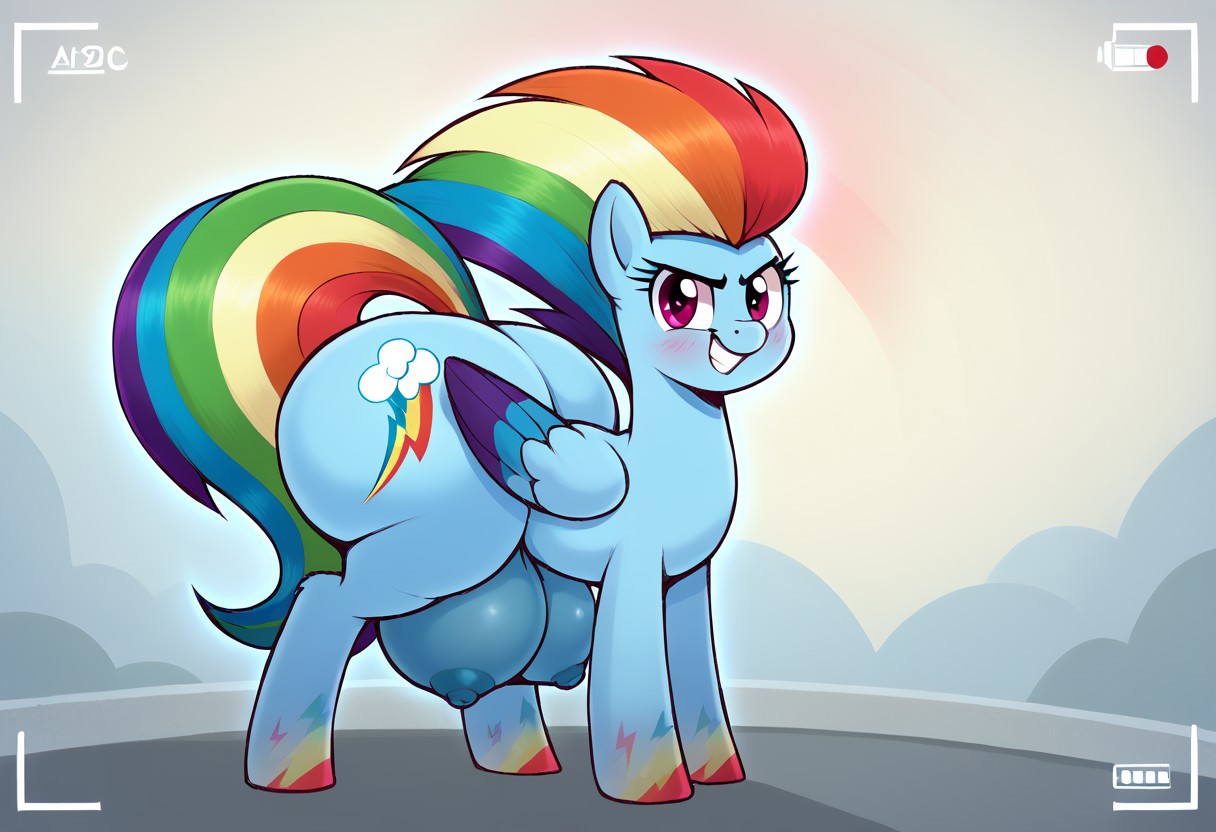 score_9, score_8_up, score_7_up, masterj291´Style, highres, hi res, best quality, masterpiece, <lora:add-detail-xl:.5>, my little pony, solo, background, detailed background, ((my little pony, <lora:mlp: fim - rainbow power - rainbow dash:1>, rainbow dash, rainbow power, hooves, fantasy lighting, blue pegasus, large butt, grin, striped mane, gradient hooves,  stylized rainbow mane,)
), thoughtful expression, blushing expression, equine, fat ass, feral, huge ass, huge butt, plump, pony, quadruped, thick thighs, looking at the viewer ,ass crack,standing ,(Feral Pony, Pony Form, Huge crotchboobs,blue nipples, Hyper hips, thick thighs, hyper butt,large butt, butt overhang),sexy and cute thin legs,horny,empty eyes, recording,worried expression.