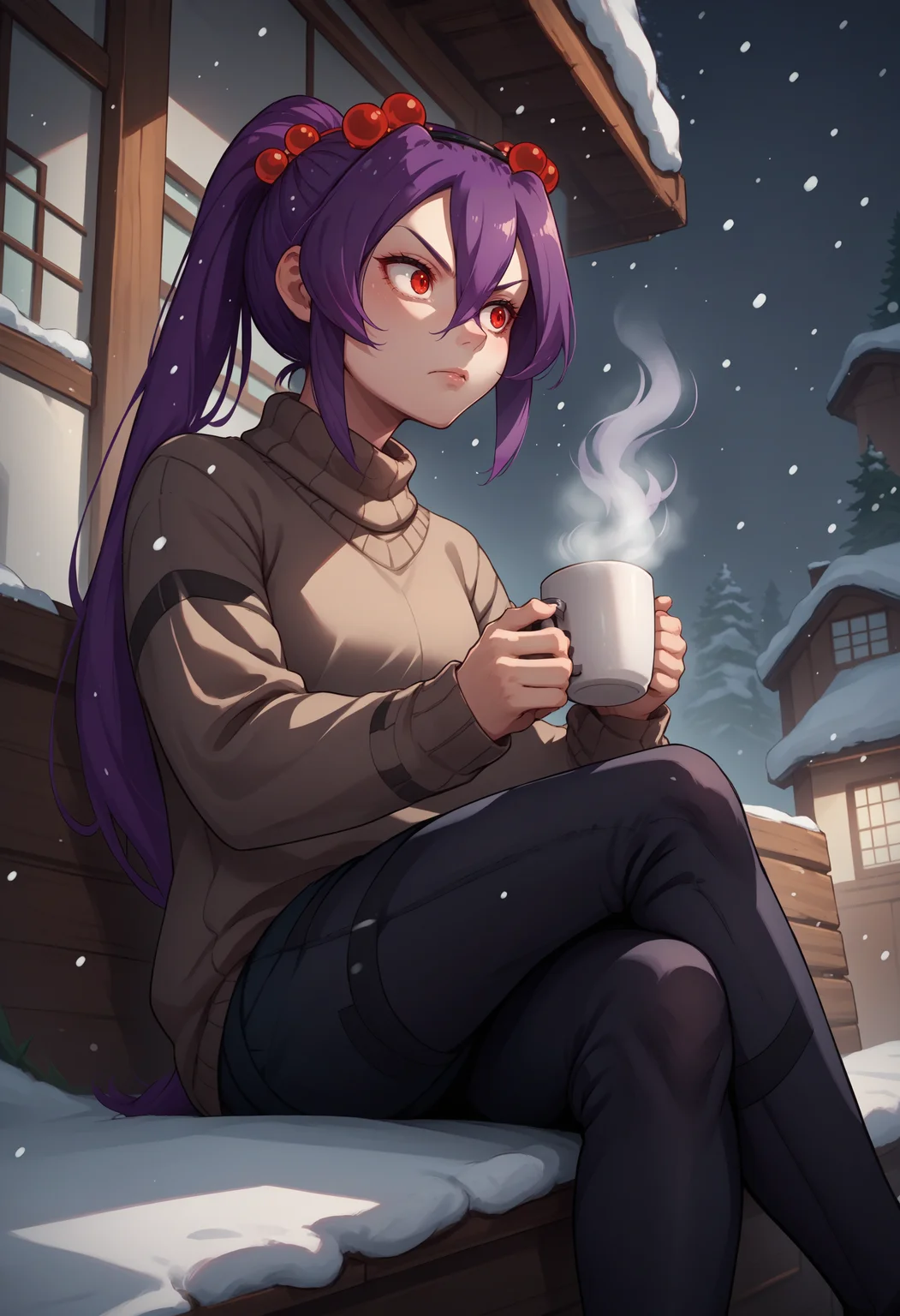 score_9, score_8_up, score_7_up, source_anime, 1girl, solo, <lora:Spiderchan_XLPD:0.7>, Spider-chan, purple hair, red eyes, ponytail, hair ornament, hair between eyes, hair bobbles, long hair, bangs, turtleneck sweater, coffee, coffee mug, sitting, crossed legs, winter, outdoors, snowing, steam, looking to the side, full body, from below,