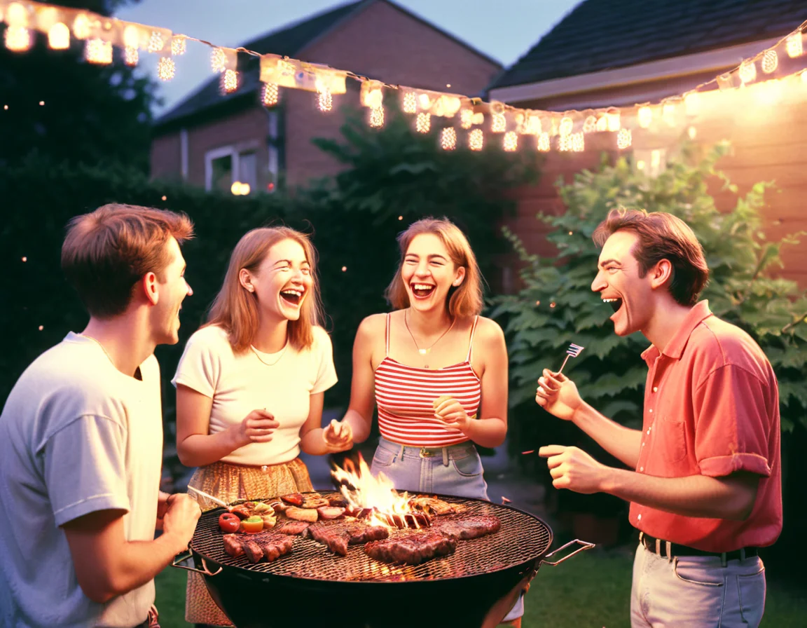 A group of friends having a BBQ in a backyard, laughter and conversation filling the air, warm summer evening with fairy lights, cinematic composition. 1990s style. <lora:Epic_ZZT_Ultra_XL:1.4>