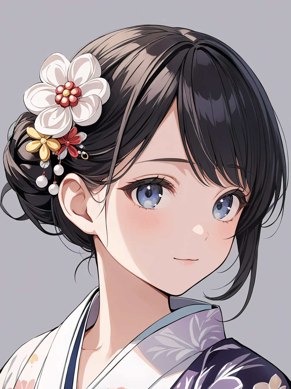 masterpiece,ultra-detailed,best quality,8K,illustration,cute face,clean skin ,shiny hair,girl,ultra-detailed-eyes,simple background, <lora:add-detail-xl:1> <lora:kanzashi_XL_V1.0:0.6> kanzashi, hair flower,hair bun,kimono