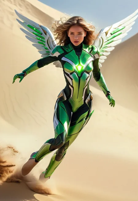 Angel, hero view, action pose, scenery, detailed background, masterpiece, best quality, high quality, absurdres, futuristic suit, core bright green powering, wind in sand, speed, movement, flying angel girl