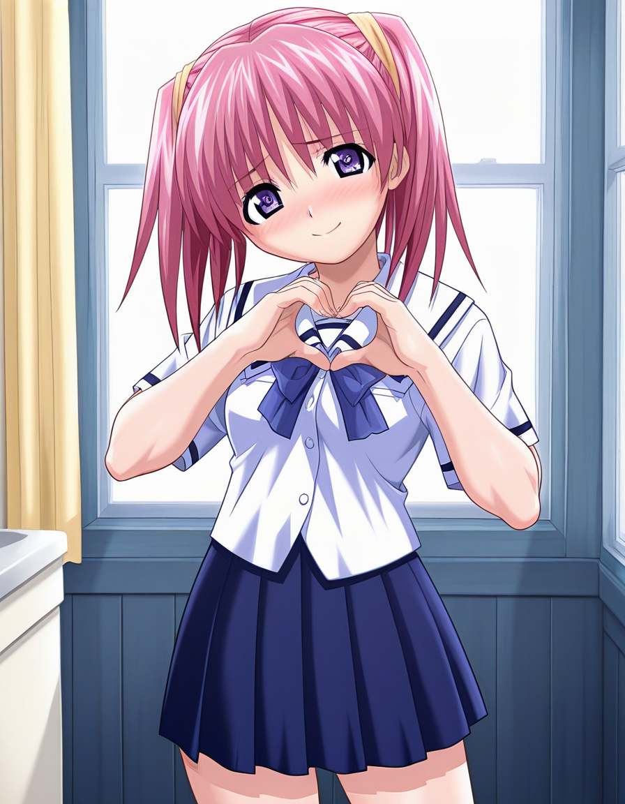 masterpiece, best quality, amazing quality, very aesthetic, absurdres, official art, ultra detailed,
1girl, solo, hayase_aoi, twintails, pink hair, purple eyes BREAK
school uniform, blue bow, blue skirt, 
lovestruck, happy, blush, head tilt, looking at viewer, standing, heart hands, in room, cowboy shot, sharp focus, depth of field
<lora:hayase aoi v1.0-000015:1>