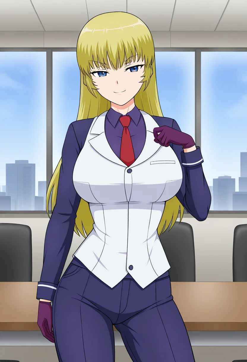 1girl, solo, ryusenkarenplutocrat, blonde hair, long hair, blue eyes, large breasts, purple collared shirt, white vest, red necktie, purple pants, business suit, purple gloves, hand on one pocket, indoors, office, table, window, cityscape, smile, smug, standing, cowboy shot