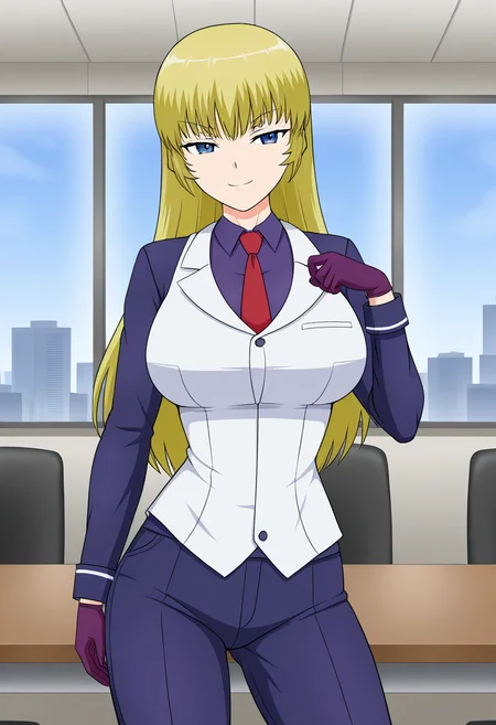 1girl, solo, ryusenkarenplutocrat, blonde hair, long hair, blue eyes, large breasts, purple collared shirt, white vest, red necktie, purple pants, business suit, purple gloves, hand on one pocket, indoors, office, table, window, cityscape, smile, smug, standing, cowboy shot
