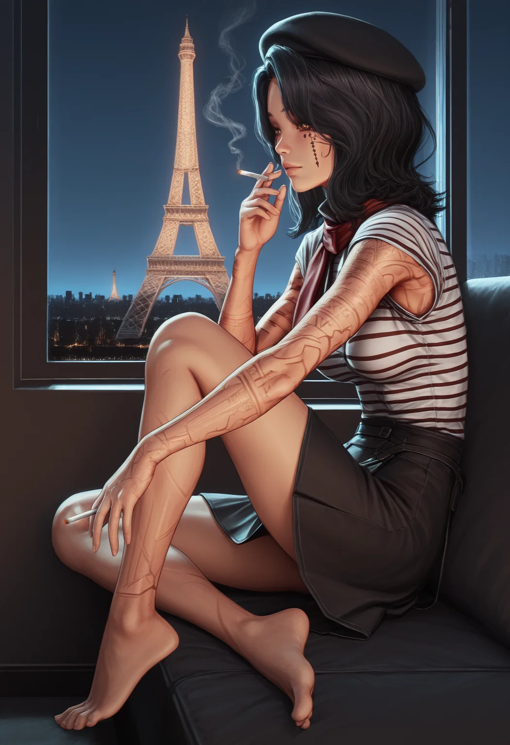 masterpiece, best quality, amazing quality, 1girl, <lora:lune_illustrious_byJaneB:1>, lun3e33,
, facial tattoo, arm tattoo,, ,, , barefoot, striped shirt, holding cigarette, red neck scarf, beret, skirt, window, Eiffel tower,
