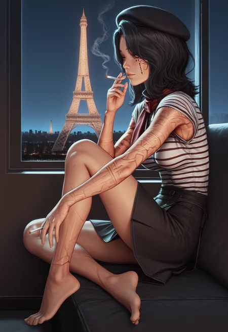 masterpiece, best quality, amazing quality, 1girl, <lora:lune_illustrious_byJaneB:1>, lun3e33,
, facial tattoo, arm tattoo,, ,, , barefoot, striped shirt, holding cigarette, red neck scarf, beret, skirt, window, Eiffel tower,