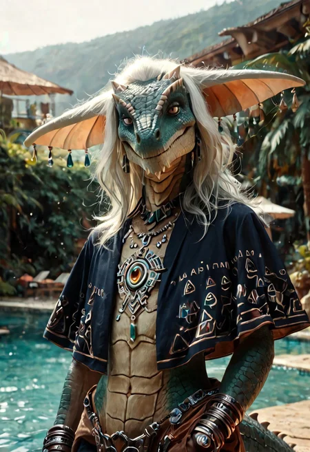 score_9, score_8_up, score_8, score_7_up, rauru totk, anthro, scalie, 1boy, solo, zonai, white hair, dark fur, athletic, sexy pose, smug, cinematic, photorealistic, hyperrealism, real life, hi res, extreme detail, masterpiece, best quality