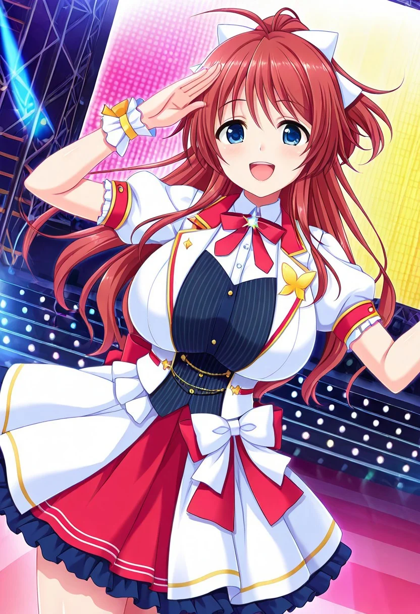 general,highres, ultra-detailed,very aesthetic,best quality ,best hands,best eyes,easynegative,
dynamic anglre, dutch angle, anime cloring,anime screencap,
1girl solo,looking at viewer,on stage,concert hall,open mouth,smile,dancing,
Aisa Minami,red hair,long hair,hair ribbon,white butterfly ribbon,huge breasts,blue eyes,ahoge,idol costume,