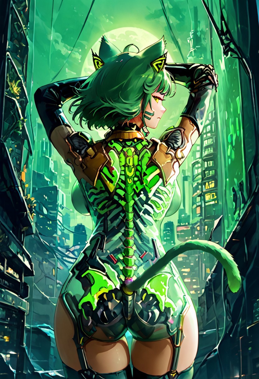 3l3m3ntp, cr1tter, detailed, transparent, (sexy pose), (back view:1.4), (POV viewer from belov:1.4), (fisheye:1.4), (look at the viewer:1.4)
woman, arms up, smirk, closed mouth, yellow eyes, makeup, fluffy green cat ears, short green hair, bangs, cat whiskers marks, large breasts,(green cat tail:1.4),socks, neck bell,
(futuristic night city tokyo:1.4), (green neon), brutalist architecture,
score_9, score_8, score_7, score_6, absurdres, skeleton, spine, hip_bones, ribcage, legs bones, solo, half body,
(transparent, transparent_body, transparent_skin),