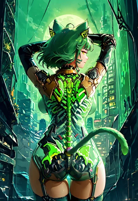 3l3m3ntp, cr1tter, detailed, transparent, (sexy pose), (back view:1.4), (POV viewer from belov:1.4), (fisheye:1.4), (look at the viewer:1.4)
woman, arms up, smirk, closed mouth, yellow eyes, makeup, fluffy green cat ears, short green hair, bangs, cat whiskers marks, large breasts,(green cat tail:1.4),socks, neck bell,
(futuristic night city tokyo:1.4), (green neon), brutalist architecture,
score_9, score_8, score_7, score_6, absurdres, skeleton, spine, hip_bones, ribcage, legs bones, solo, half body,
(transparent, transparent_body, transparent_skin),