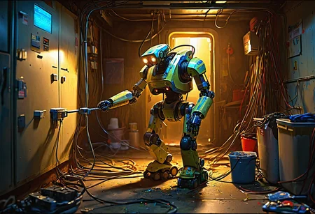 Intelligent (robot) (cleaning with a big toothbrush), (Disgusting dusty) multi-GPU server rig, in the dark basement, maintenance creep, digital painting, masterpiece, artstation, contrast, speedpainting, james gourney, WLOP, terminal
