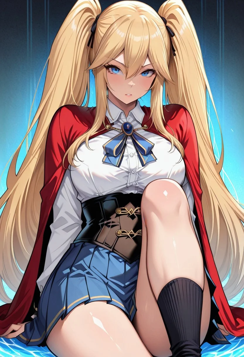 masterpiece, high quality, best quality, amazing quality, absurdres, very aesthetic, shiny skin, newest, HDR, high detail RAW color art, intricate details, hyper aesthetic, incredibly absurdres, BREAK,
angelina_(kichiku_eiyuu), breasts, blonde hair, blue eyes, 1girl, solo, twintails, hair between eyes, very long hair, angebs001, shirt, pleated skirt, socks, cape, corset,