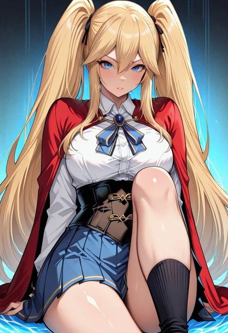 masterpiece, high quality, best quality, amazing quality, absurdres, very aesthetic, shiny skin, newest, HDR, high detail RAW color art, intricate details, hyper aesthetic, incredibly absurdres, BREAK,
angelina_(kichiku_eiyuu), breasts, blonde hair, blue eyes, 1girl, solo, twintails, hair between eyes, very long hair, angebs001, shirt, pleated skirt, socks, cape, corset,