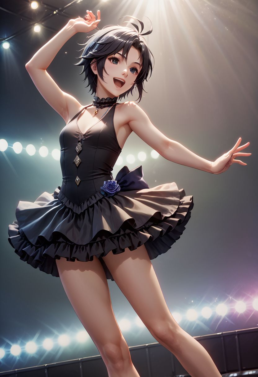 score_9,score_8_up,score_7_up,score_6_up,source_anime, <lora:Worldly_XL:1> (rock concert:1.6),
1girl, solo, full figure, dynamic pose, singing, dancing, <lora:KikuchiMakoto_pony_v1:0.9> kikuchi makoto, kkcmkt, short hair, black hair, antenna hair, hair between eyes, black eyes, flat chest, small breasts,  (idol clothes, long legs:1.2), delicate strappy heels,
hands, <lora:detailed_hands:1.05>
<lora:HandFineTuning_XL:0.55>
<lora:loraeyesxl:0.65>
zPDXL, zPDXL-neg