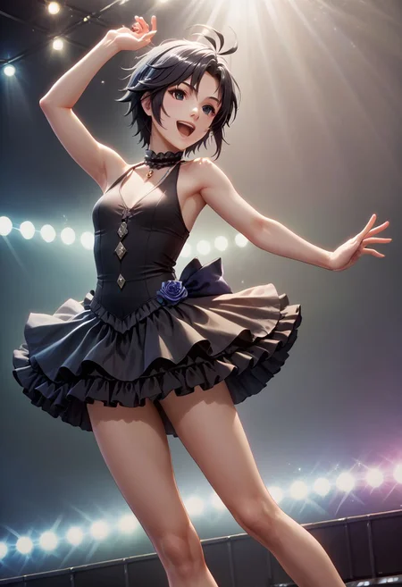score_9,score_8_up,score_7_up,score_6_up,source_anime, <lora:Worldly_XL:1> (rock concert:1.6),
1girl, solo, full figure, dynamic pose, singing, dancing, <lora:KikuchiMakoto_pony_v1:0.9> kikuchi makoto, kkcmkt, short hair, black hair, antenna hair, hair between eyes, black eyes, flat chest, small breasts, (idol clothes, long legs:1.2), delicate strappy heels,
hands, <lora:detailed_hands:1.05>
<lora:HandFineTuning_XL:0.55>
<lora:loraeyesxl:0.65>
zPDXL, zPDXL-neg